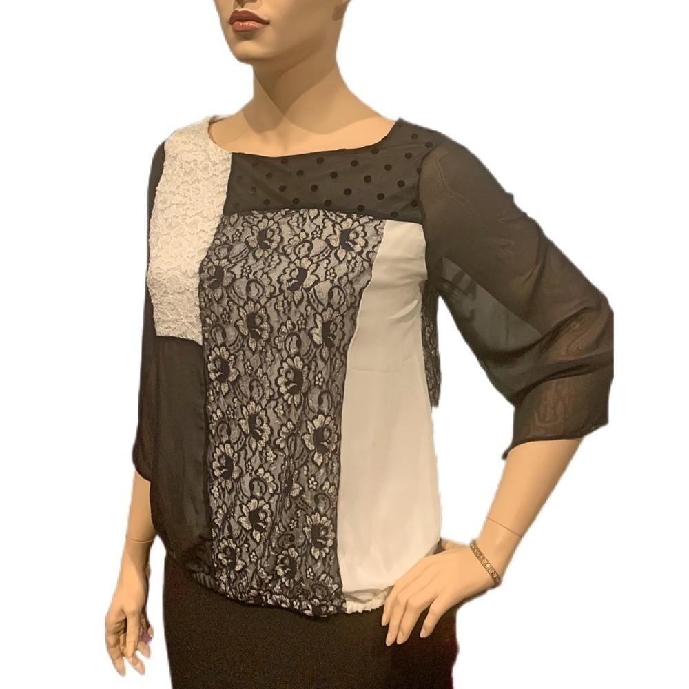 Style & Co Woman Blouse Black Cream Mixed Media Color-Block 3/4 Sleeves Plus 1X - Picture 5 of 8